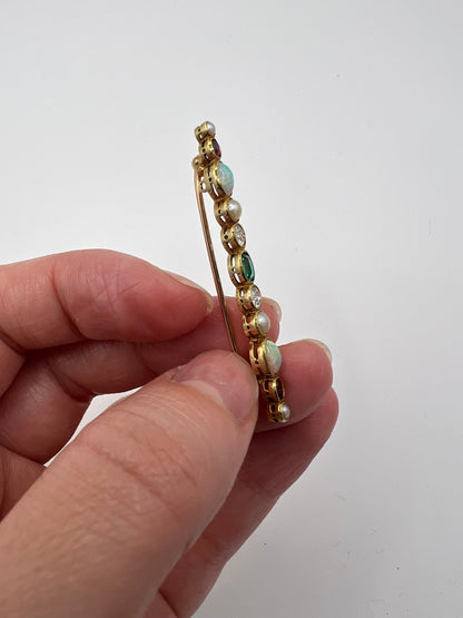 Beautiful Boxed Emerald Old Cut Diamond Opal Ruby Harlequin Specimen Brooch Pin