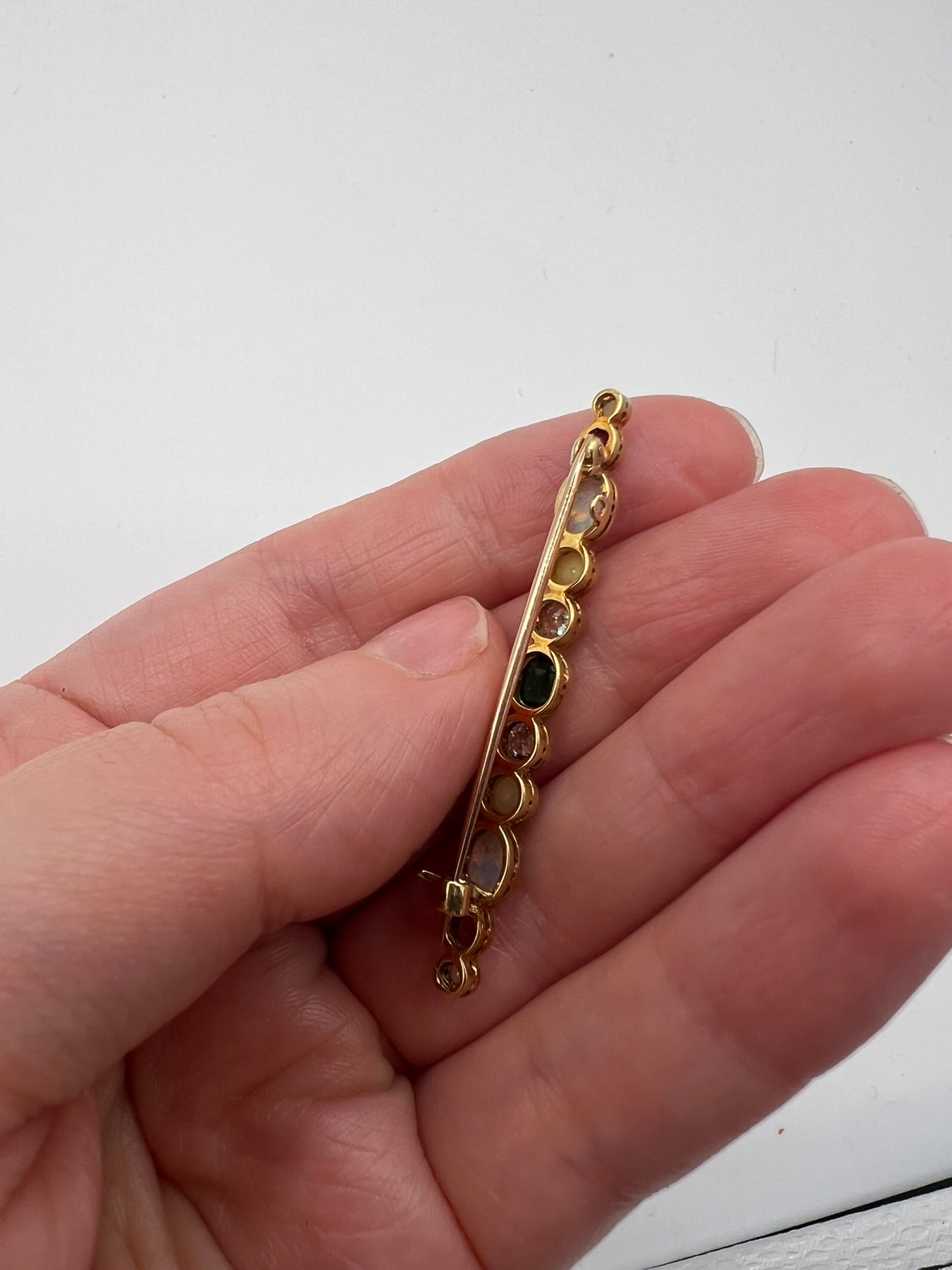 Beautiful Boxed Emerald Old Cut Diamond Opal Ruby Harlequin Specimen Brooch Pin