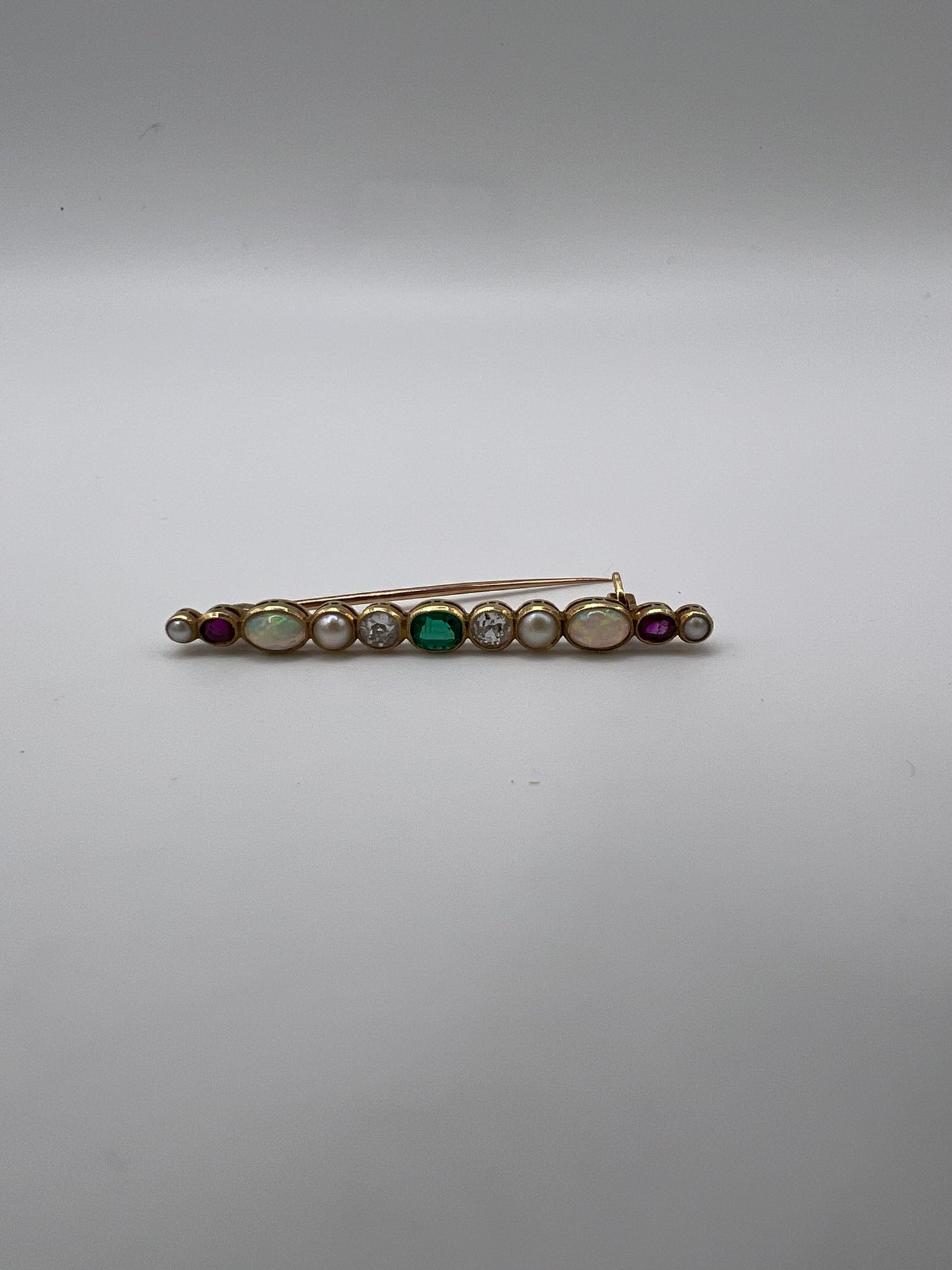 Beautiful Boxed Emerald Old Cut Diamond Opal Ruby Harlequin Specimen Brooch Pin