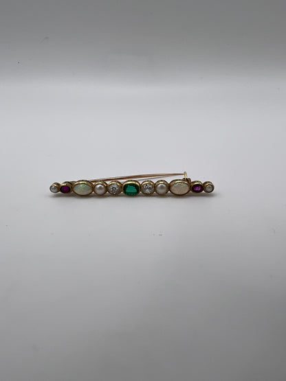 Beautiful Boxed Emerald Old Cut Diamond Opal Ruby Harlequin Specimen Brooch Pin