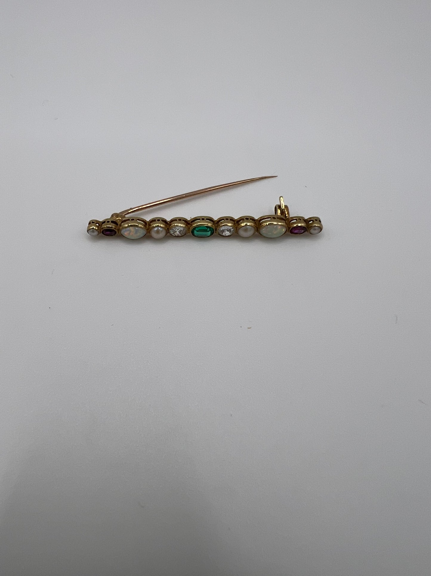 Beautiful Boxed Emerald Old Cut Diamond Opal Ruby Harlequin Specimen Brooch Pin