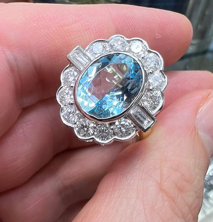 RESERVED NICOLE 4.7 carat aquamarine 1.95 diamond 18ct k yellow White Gold Ring diamond baguette Shoulders Halo 750 Cocktail Art Deco style