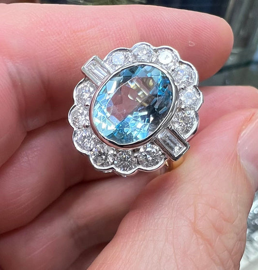 RESERVED NICOLE 4.7 carat aquamarine 1.95 diamond 18ct k yellow White Gold Ring diamond baguette Shoulders Halo 750 Cocktail Art Deco style