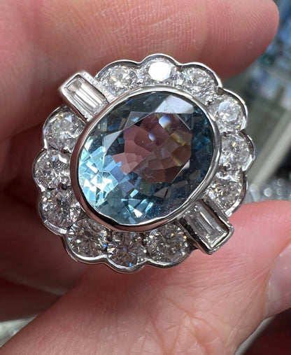 RESERVED NICOLE 4.7 carat aquamarine 1.95 diamond 18ct k yellow White Gold Ring diamond baguette Shoulders Halo 750 Cocktail Art Deco style