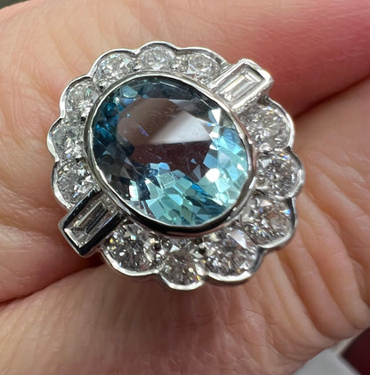 RESERVED NICOLE 4.7 carat aquamarine 1.95 diamond 18ct k yellow White Gold Ring diamond baguette Shoulders Halo 750 Cocktail Art Deco style