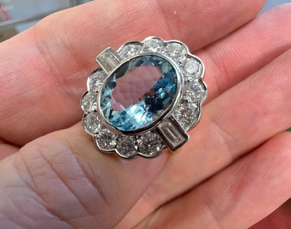 RESERVED NICOLE 4.7 carat aquamarine 1.95 diamond 18ct k yellow White Gold Ring diamond baguette Shoulders Halo 750 Cocktail Art Deco style