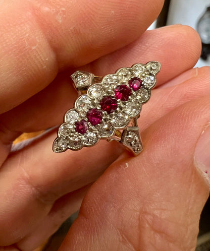 Antique 18ct 750 Gold Ruby & Old Cut Diamond Ring Navette boat shaped Cluster M.5 - N