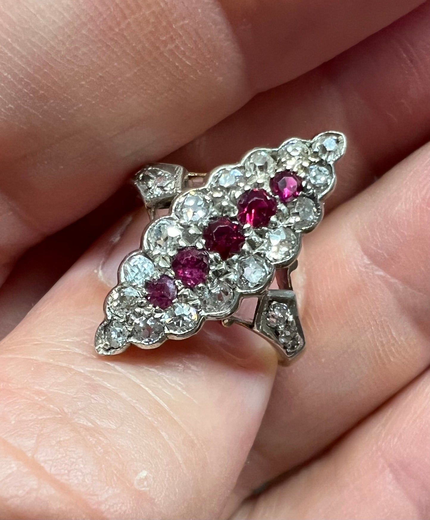 Antique 18ct 750 Gold Ruby & Old Cut Diamond Ring Navette boat shaped Cluster M.5 - N
