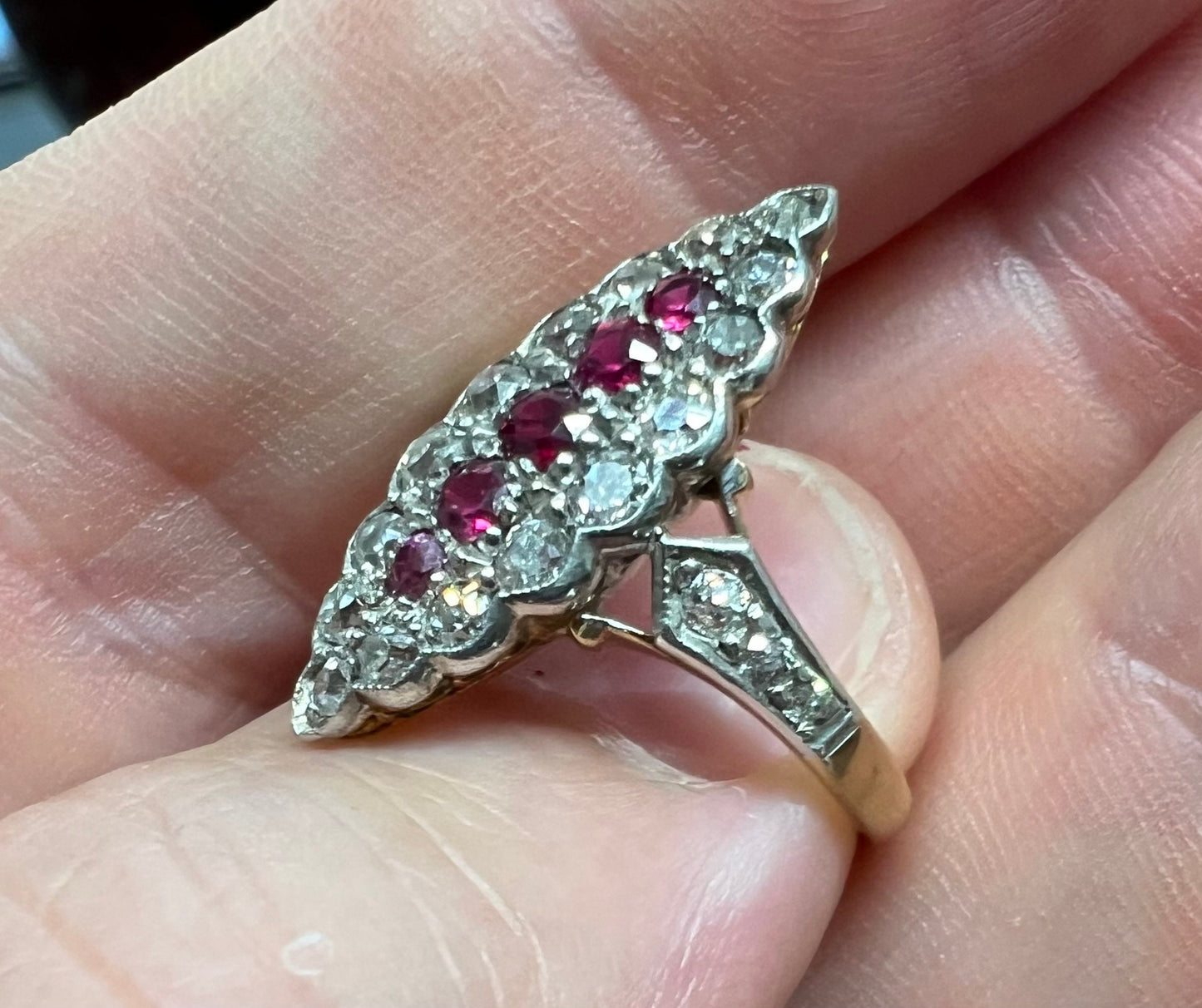 Antique 18ct 750 Gold Ruby & Old Cut Diamond Ring Navette boat shaped Cluster M.5 - N