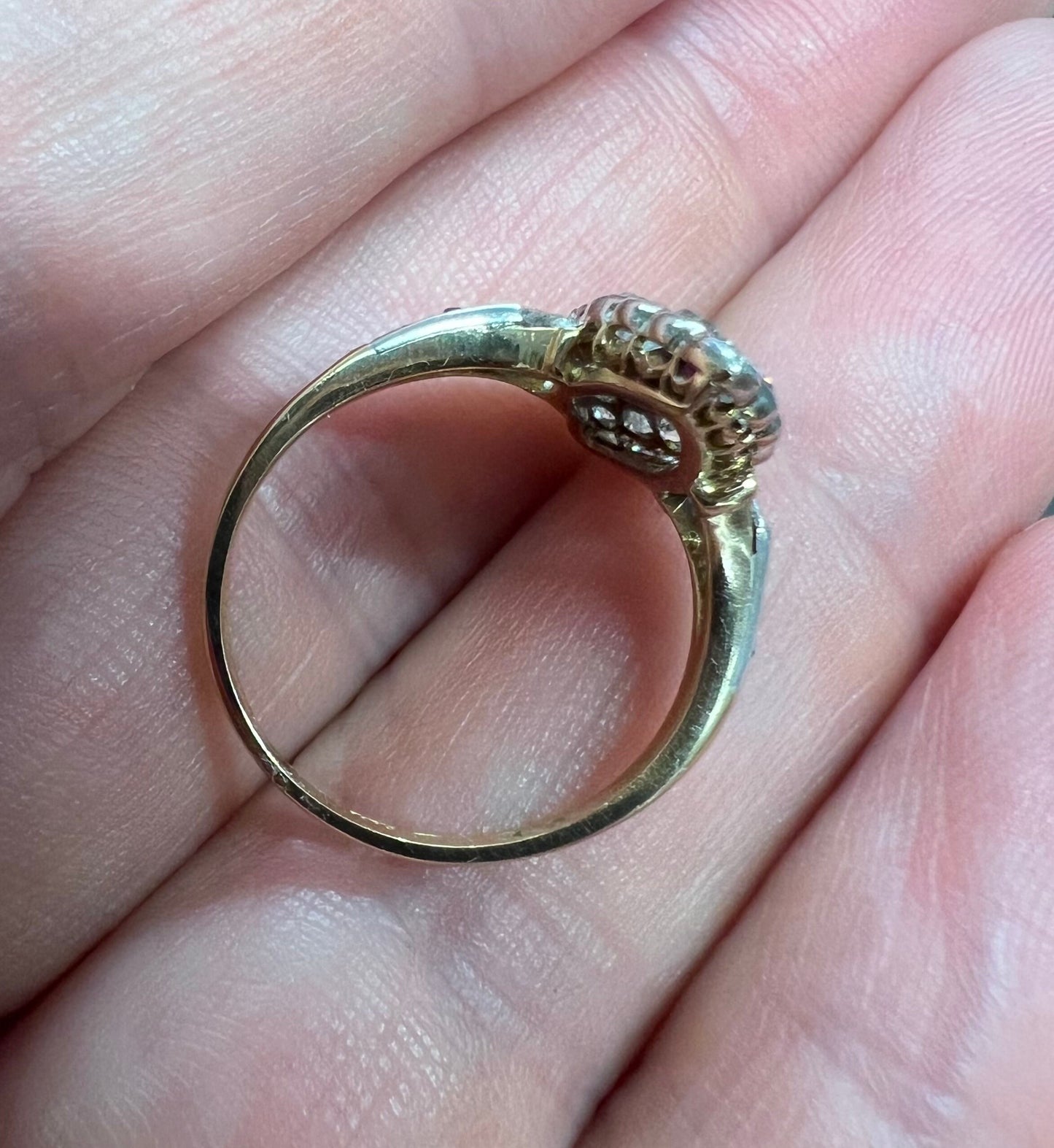 Antique 18ct 750 Gold Ruby & Old Cut Diamond Ring Navette boat shaped Cluster M.5 - N