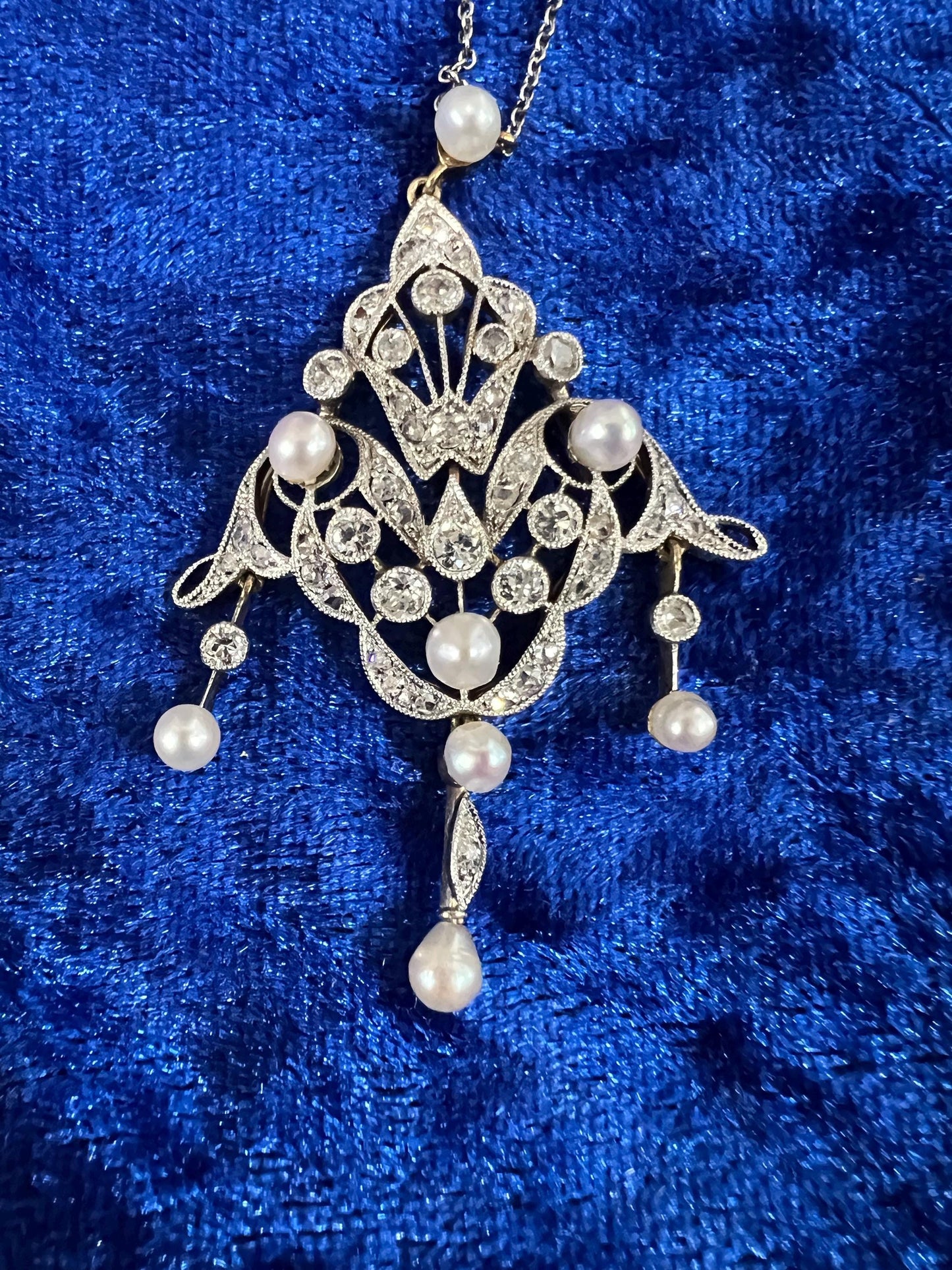Antique Belle Époque diamond 18ct yellow & white gold natural pearl necklace pendant