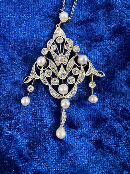 Antique Belle Époque diamond 18ct yellow & white gold natural pearl necklace pendant