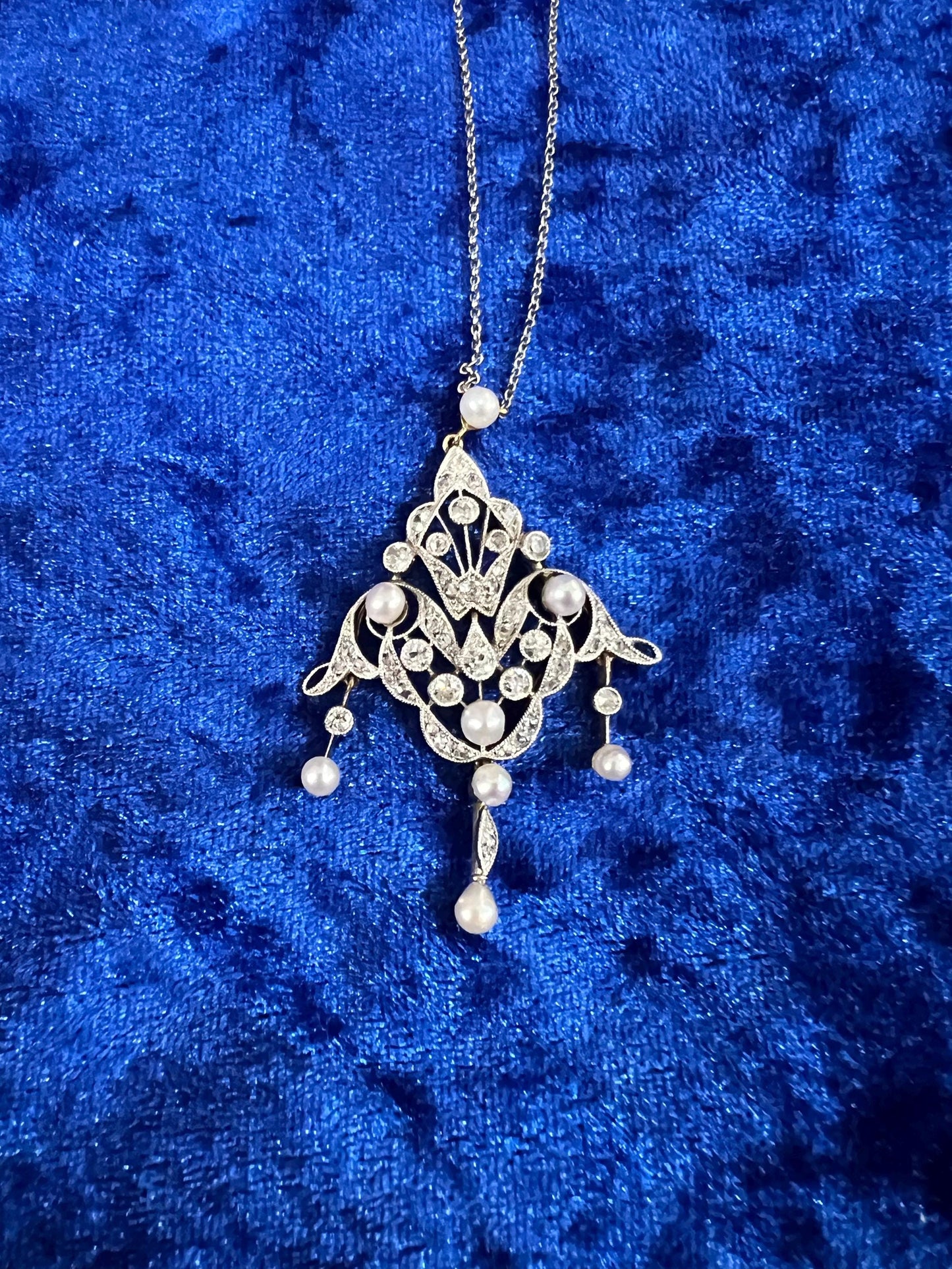 Antique Belle Époque diamond 18ct yellow & white gold natural pearl necklace pendant