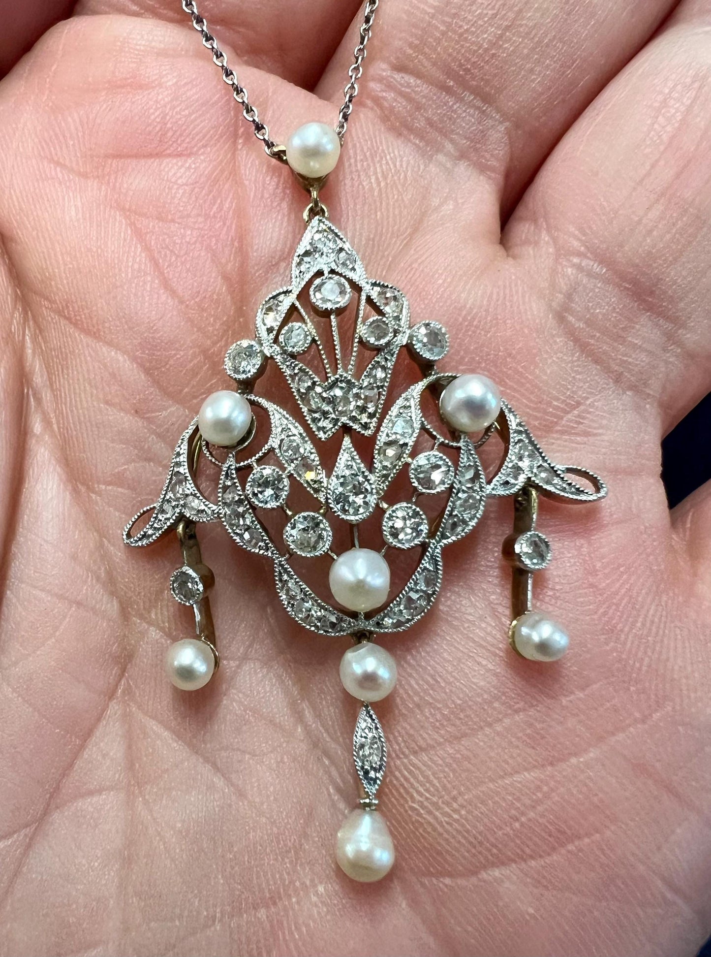 Antique Belle Époque diamond 18ct yellow & white gold natural pearl necklace pendant