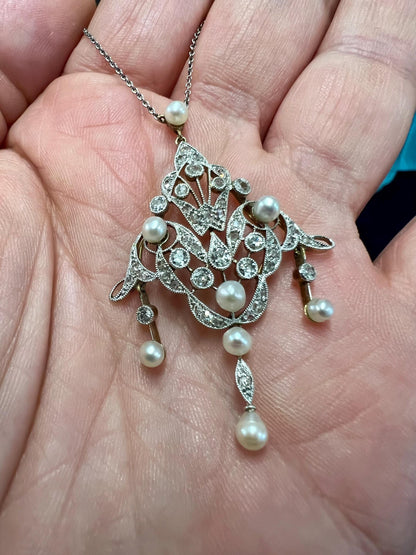Antique Belle Époque diamond 18ct yellow & white gold natural pearl necklace pendant