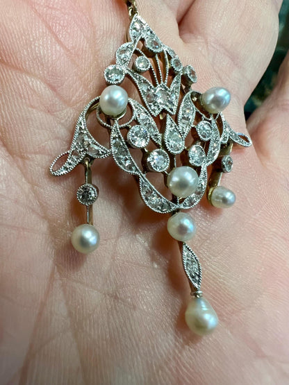 Antique Belle Époque diamond 18ct yellow & white gold natural pearl necklace pendant