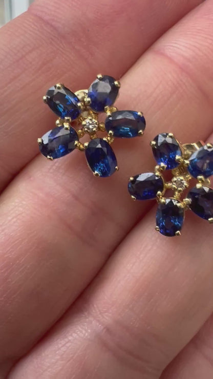Sapphire 18ct Gold Diamond Flower Forget Me Not Earrings