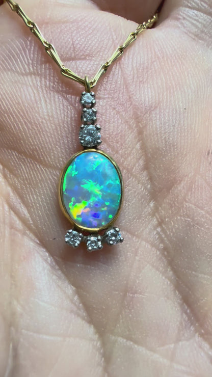 Australian Opal Diamond Pendant and Hayseed Chain in 18ct Gold