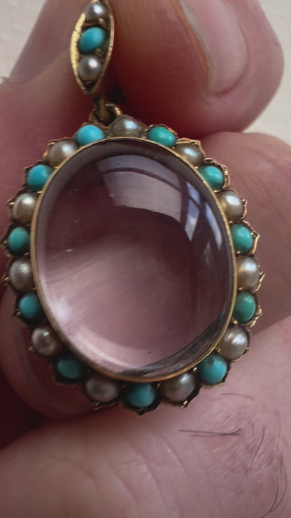 Rock Crystal Gold Pearl Turquoise Sentimental Victorian Locket