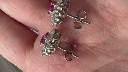 Late Art Deco 1950s Natural Ruby Diamond Daisy Cluster Stud Earrings, Boxed 18ct White Gold