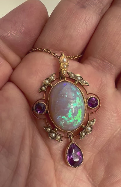 Striking Antique Large Opal Amethyst & Seed Pearl Pendant & Chain